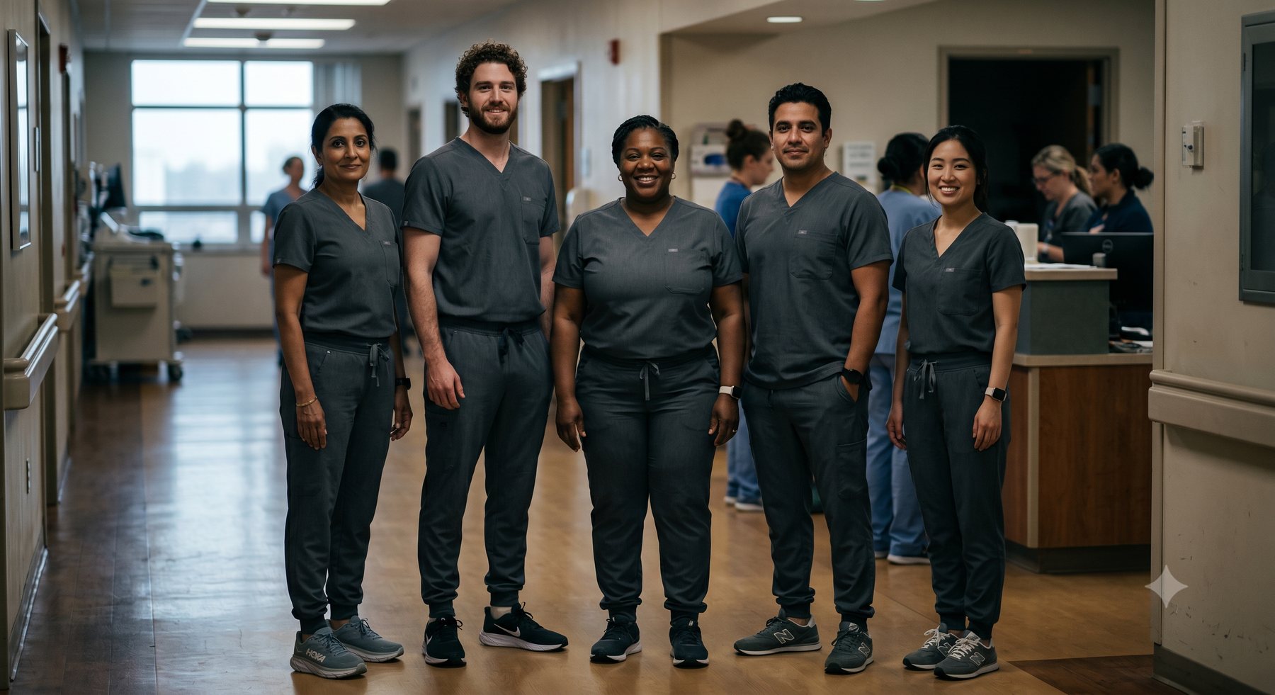 A diverse team of healthcare workers in TWELVE scrubs on a hospital floor