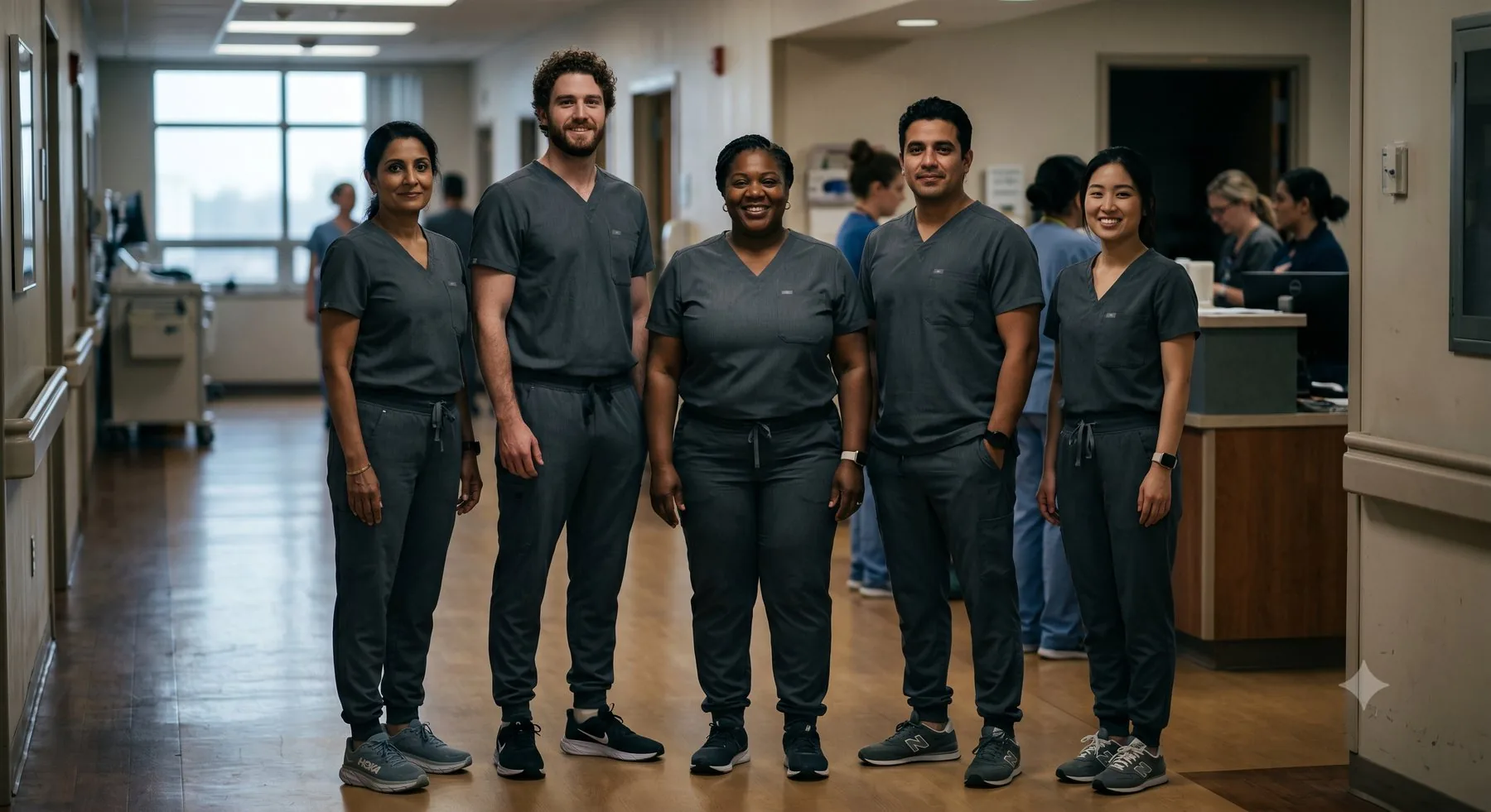 A diverse team of healthcare workers in TWELVE scrubs on a hospital floor